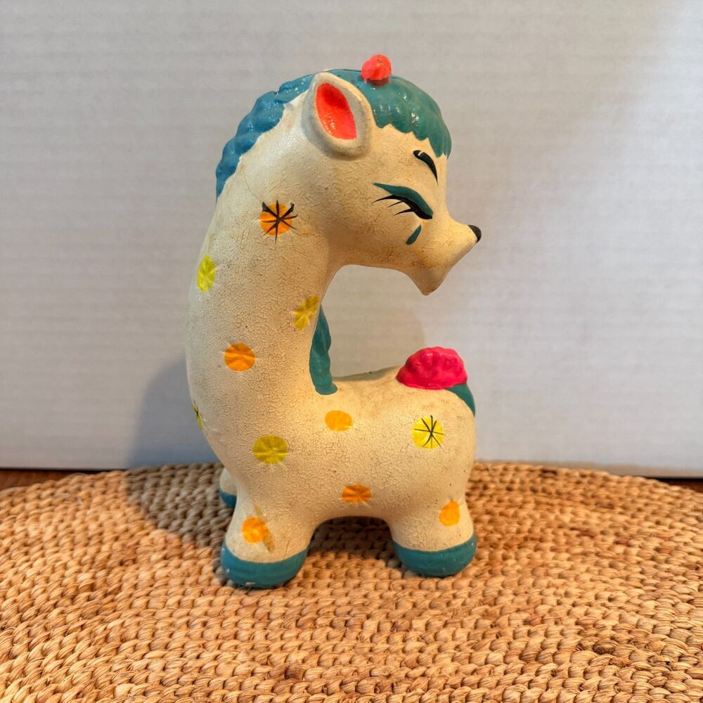 Vintage Whimsical Animal Coin Bank Blue Mane Spotted Retro Kitsch 6"